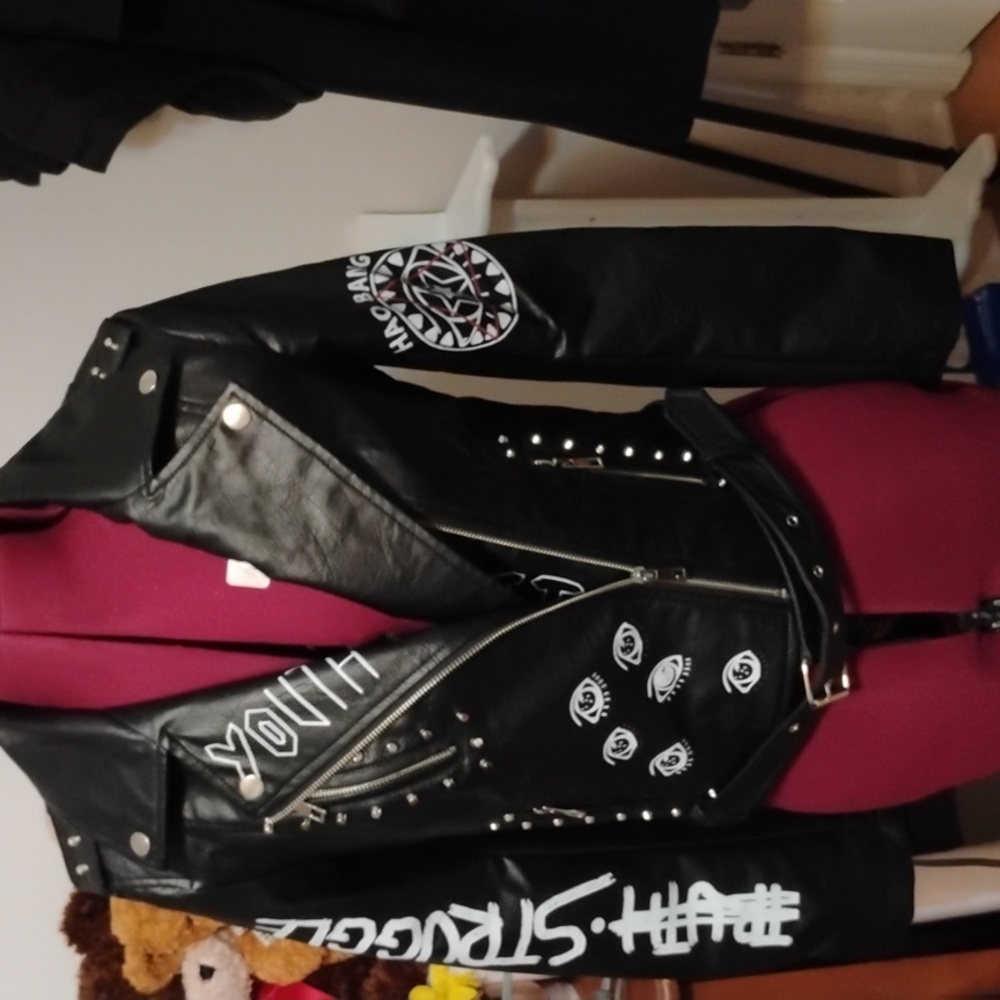 Black Leather"Dare You" graffiti Jacket with Studs and Asymmetrical Zipper